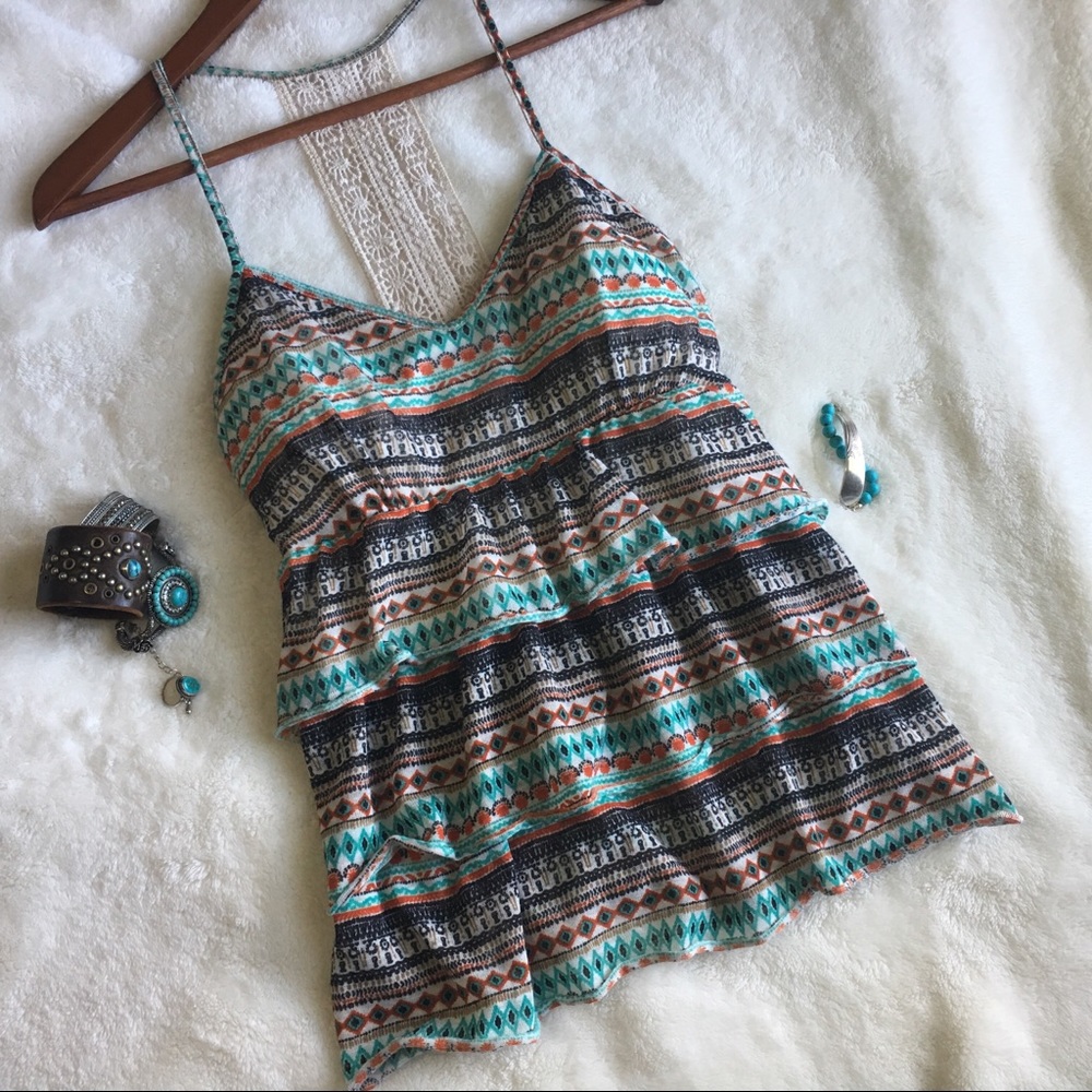 ✌🏼Boho Crochet Lace Yoke Tiered Ruffle Front Top - Picture 8 of 8